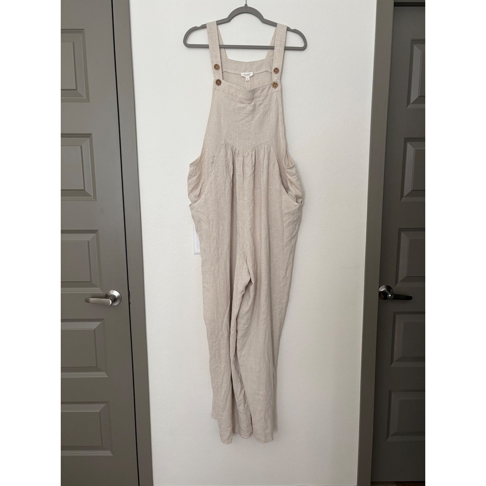 Oddi Linen Blend Wide Leg Overalls Oatmeal Beige Boho Slouchy Jumpsuit 2XL ss - Picture 2 of 7